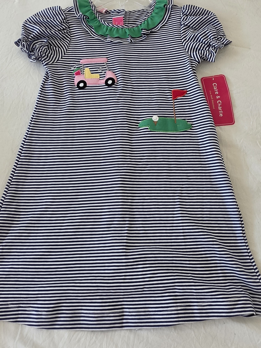 Claire & Charlie Girls Golf Themed Striped Dress in Navy & White 6x NWT